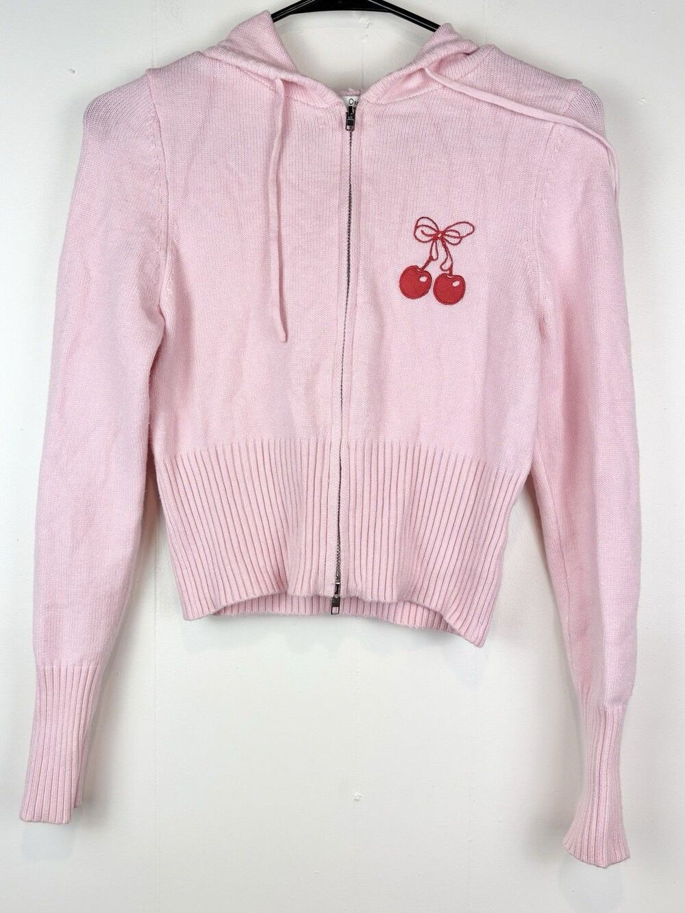 Juniors' Sweater Cherries Pink Zip-Up Cropped Sz Large Cherry Girl Coquette